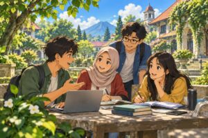 Kelompok pelajar berdiskusi tentang rencana studi