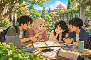 Kelompok pelajar merencanakan jadwal latihan bahasa