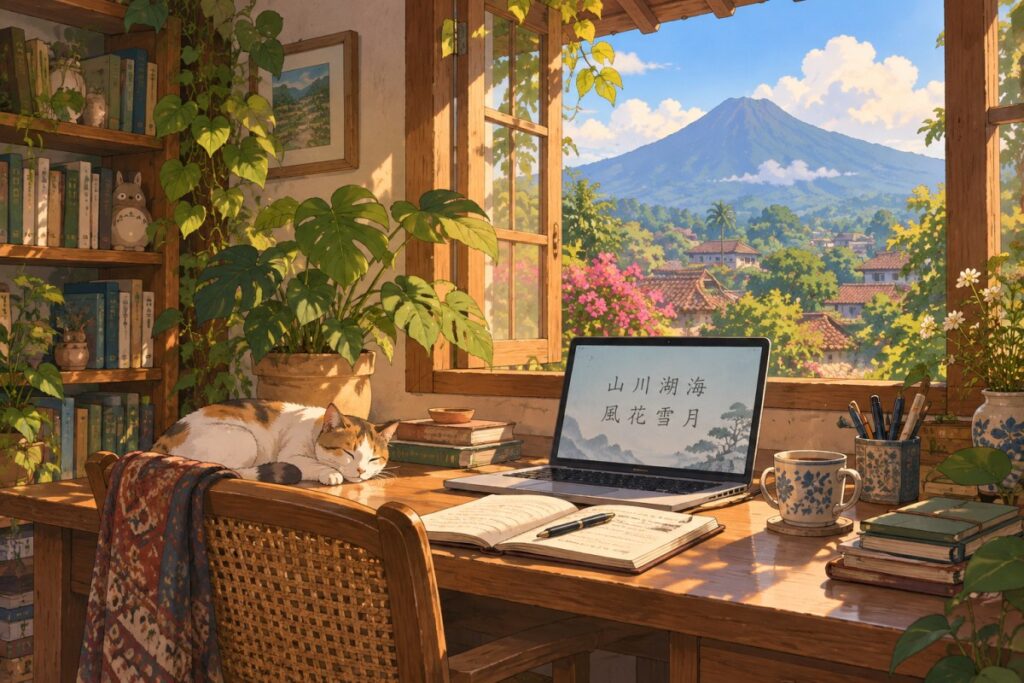 Meja belajar Mandarin dengan laptop dan buku catatan
