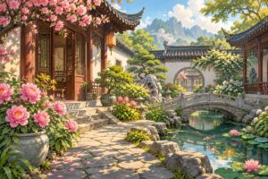 Ilustrasi taman tenang untuk suasana jeda belajar