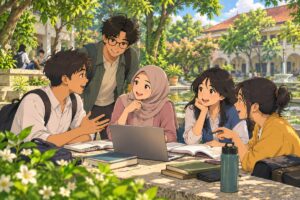 Kelompok pelajar membahas target serta rencana studi