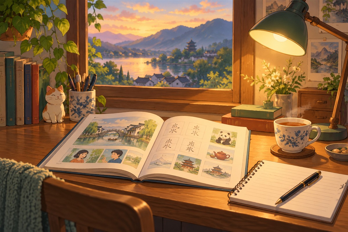 gap year belajar Mandarin dengan buku dan catatan belajar di meja kayu