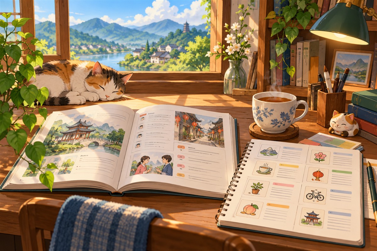 peluang kerja Mandarin dengan buku dan catatan belajar di meja kayu