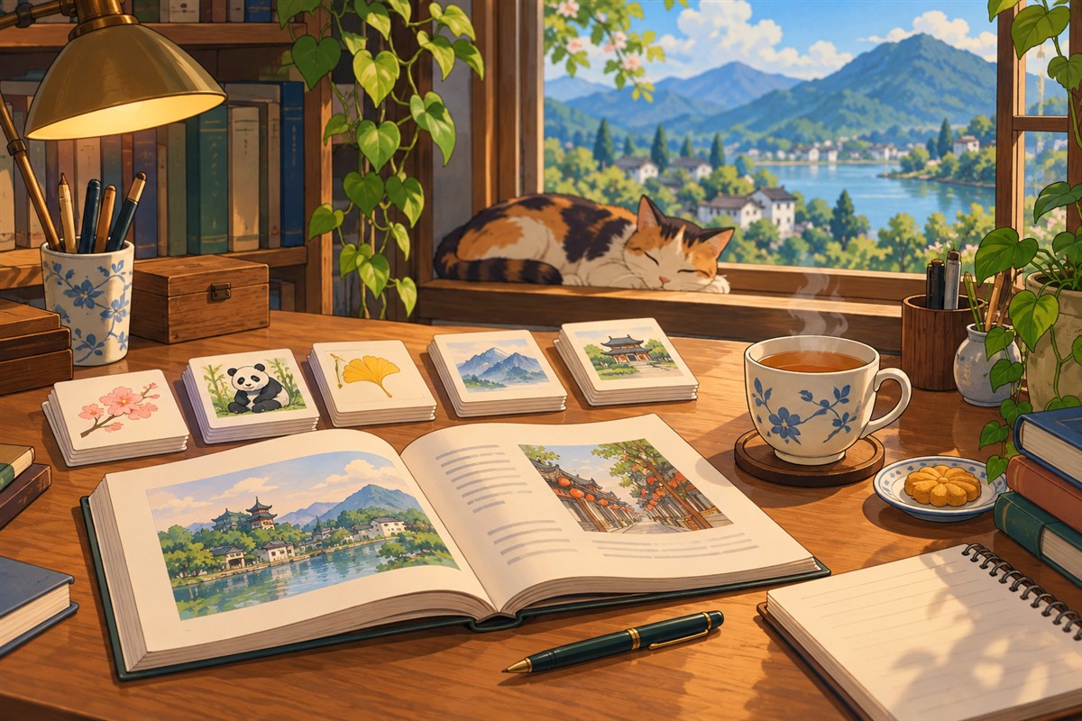kisah gap year Mandarin dengan buku dan catatan belajar di meja kayu