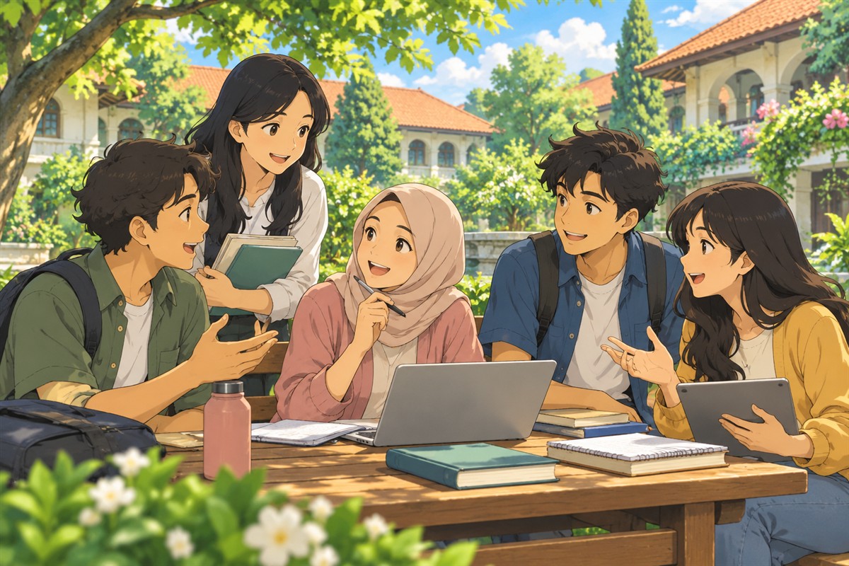 Anak muda berdiskusi tentang rencana belajar dan karier bersama teman