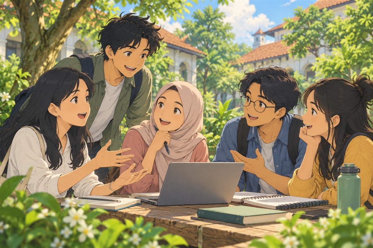 Kelompok pelajar berdiskusi mengenai kemajuan belajar Mandarin