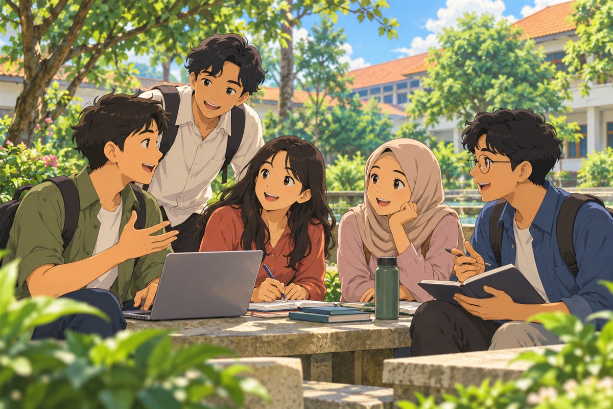 Kelompok pelajar berdiskusi mengenai kemajuan belajar Mandarin