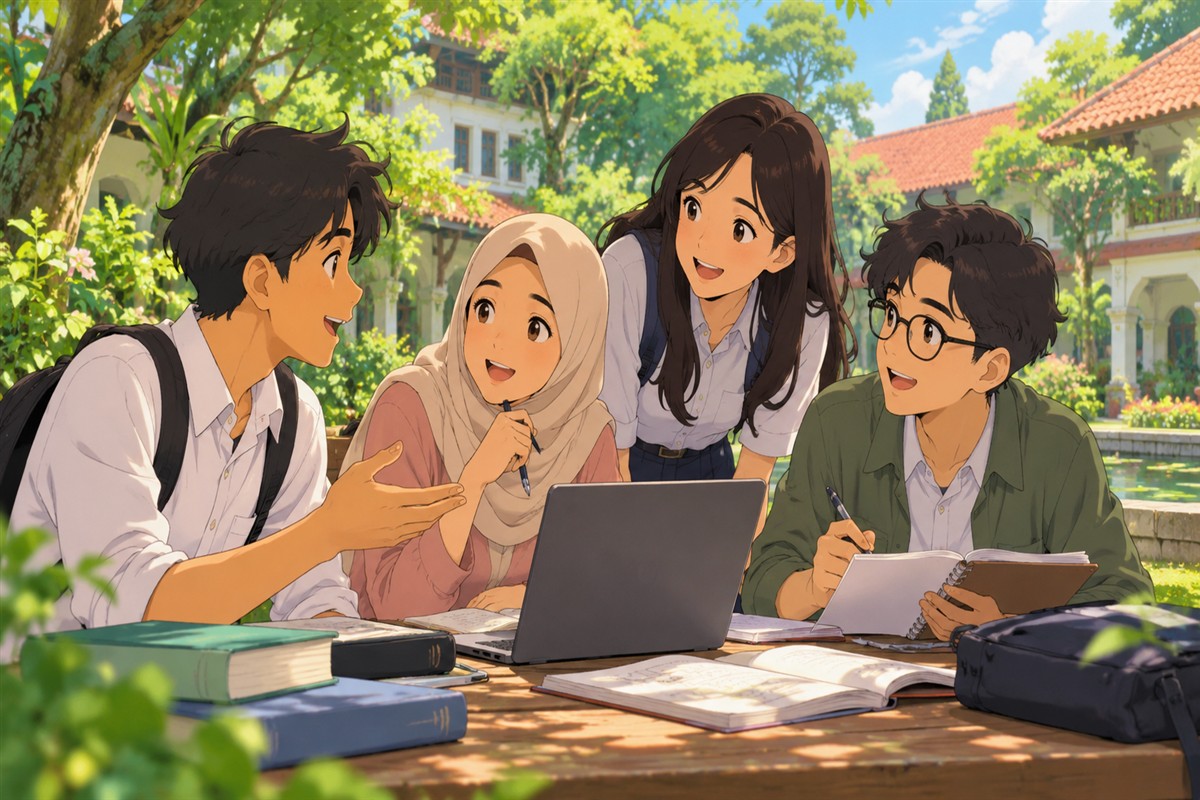 Kelompok pelajar berdiskusi mengenai kemajuan belajar Mandarin