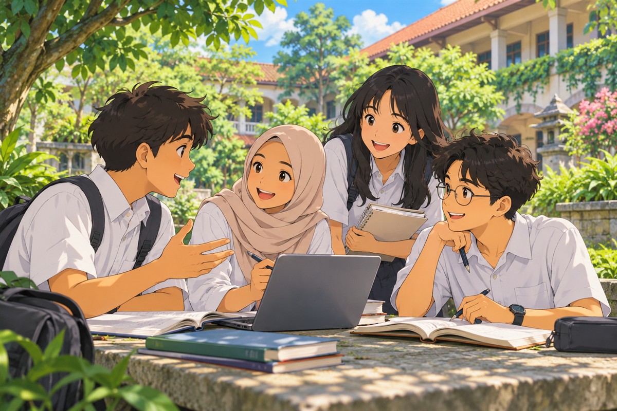 Kelompok pelajar berdiskusi mengenai kemajuan belajar Mandarin