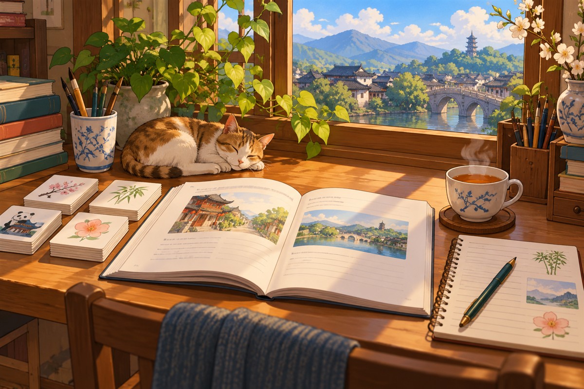 Buku dan catatan untuk latihan Mandarin secara rutin