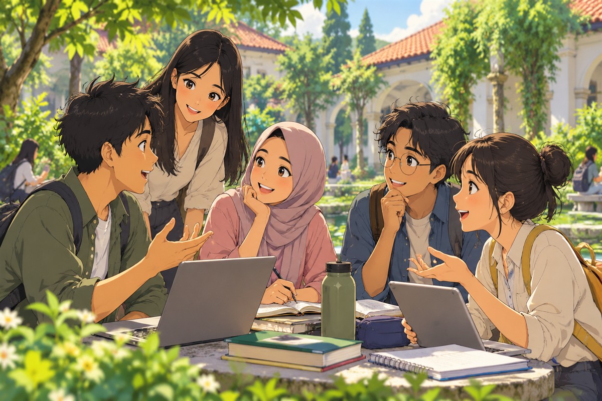Kelompok pelajar berdiskusi tentang rencana belajar dan karier