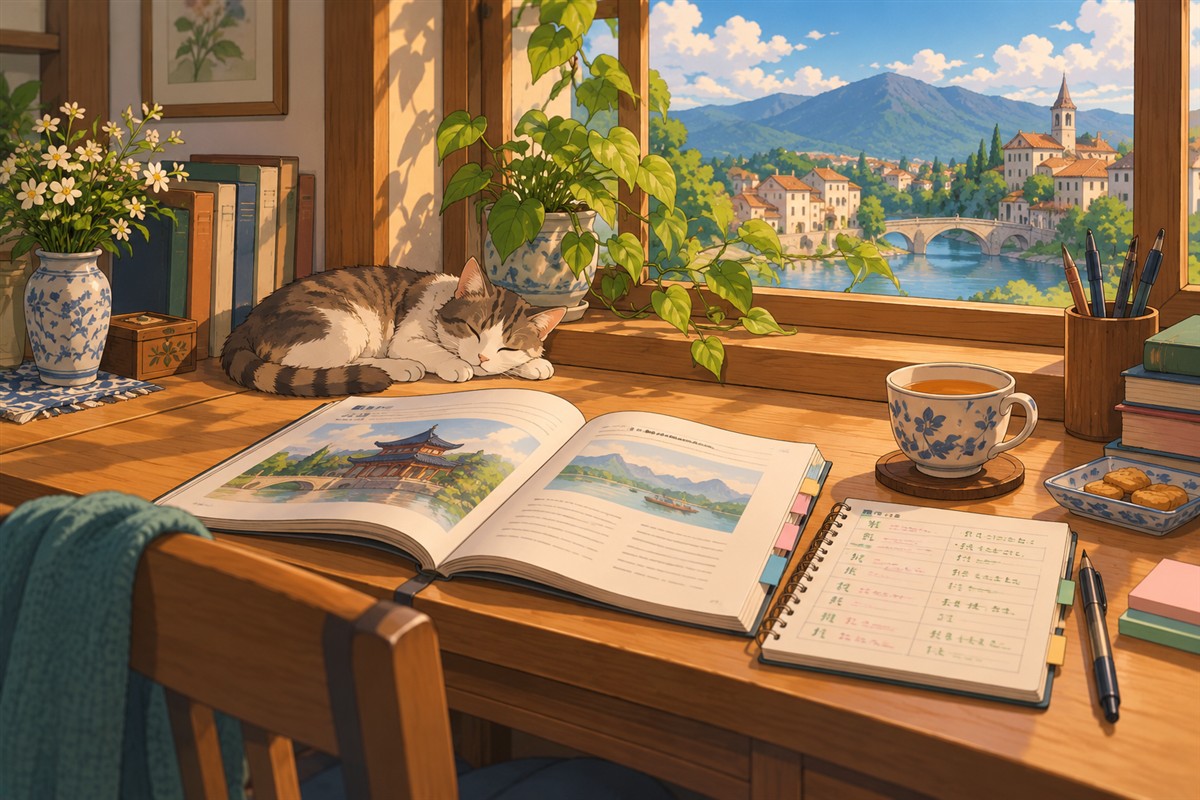 Buku dan catatan untuk latihan Mandarin secara rutin