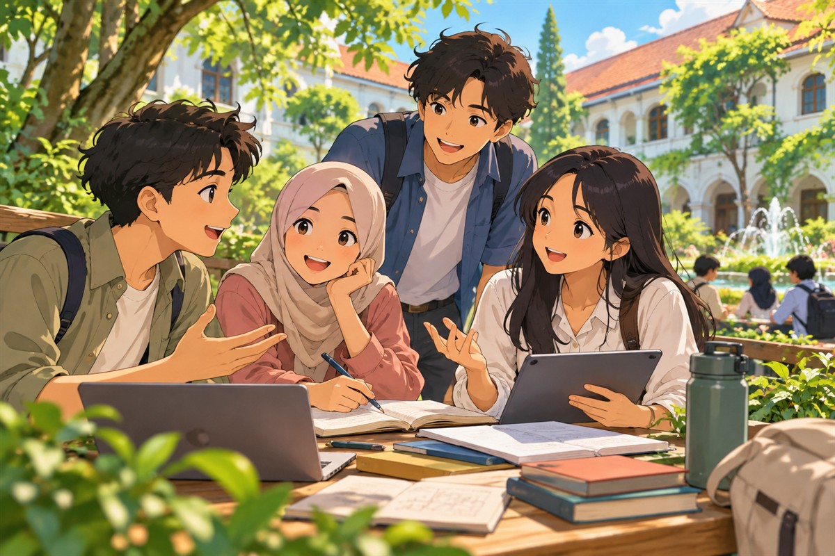 Kelompok pelajar berdiskusi tentang rencana belajar dan karier