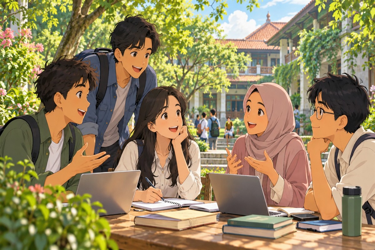 Kelompok pelajar berdiskusi tentang rencana belajar dan karier
