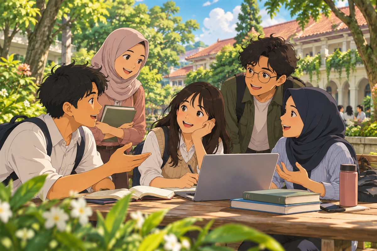 Kelompok pelajar berdiskusi tentang rencana belajar dan karier