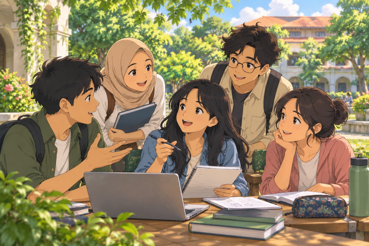 Kelompok pelajar berdiskusi tentang rencana belajar dan karier