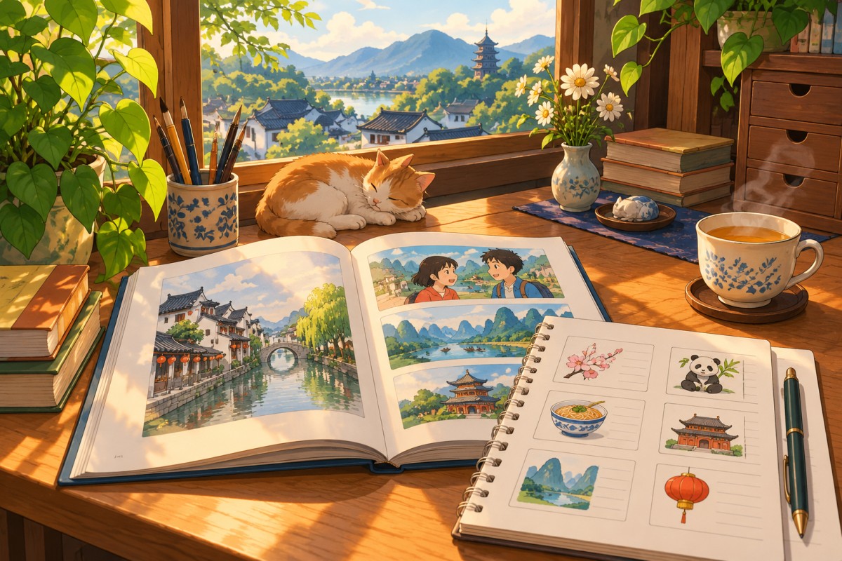 Buku dan catatan untuk latihan Mandarin secara mandiri