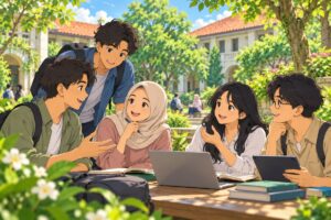 Kelompok pelajar mendiskusikan pilihan belajar Mandarin